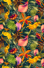 Seamless pattern with Tropical flowers and leaves design. Stylish trendy fashion floral pattern. Floral Texture for fabric.