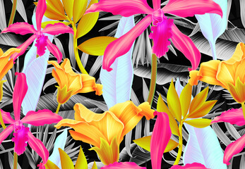 Panele Szklane Podświetlane  Seamless pattern with Tropical flowers and leaves design. Stylish trendy fashion floral pattern. Floral Texture for fabric.