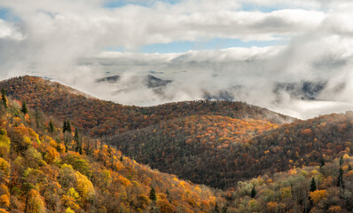 Blue Ridge Parkway - early morning autumn fog and clouds
