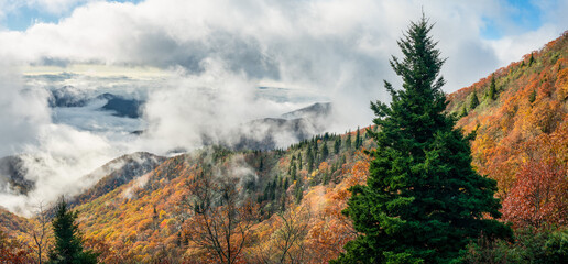 Spectacular clouds and fog on the Blue Ridge Parkway near Graveyard Fields in North Carolina