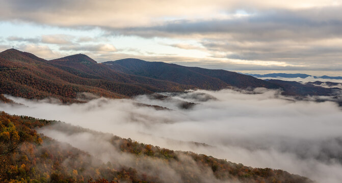 Sunrise Autumn Fog On The Blue Ridge Parkway  - Mountains  - Pounding Mill Overlook 