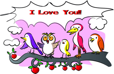 vector cartoon birds greeting card: i love you