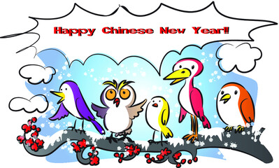 vector cartoon birds greeting card: happy chinese new year