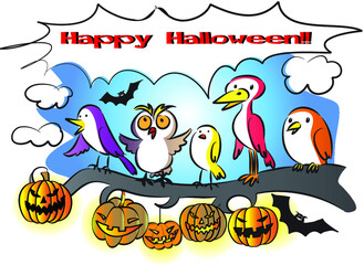 vector cartoon birds greeting card: happy halloween