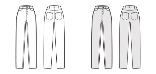 Jeans botton fly tapered Denim pants technical fashion illustration with full length, normal waist, 5 pockets, Rivets. Flat bottom front, back, white grey color style. Women, men, unisex CAD mockup