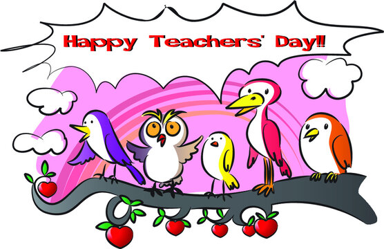 vector cartoon birds greeting card: happy teacher's day