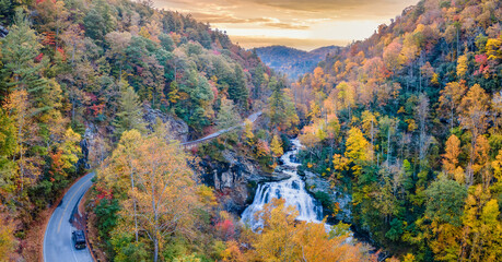 Morning Autumn view of Cullasaja Falls on US Highway 64,  Mountain Waters Scenic Highway & Waterfall Byway near Highlands, North Carolina - Nantahala National Forest