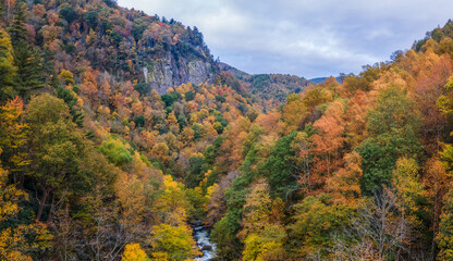 Morning Autumn view of Cullasaja Gorge on US Highway 64,  Mountain Waters Scenic Highway & Waterfall Byway near Highlands, North Carolina - Nantahala National Forest