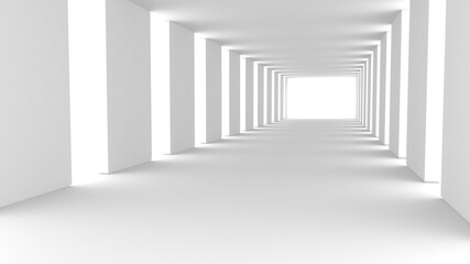 Diseño de corredor iluminado con pilares. Ilustración de pasillo color blanco. Fondo abstracto para presentación.