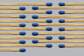 Wooden matches are lined up. This is a 3-D illustration.