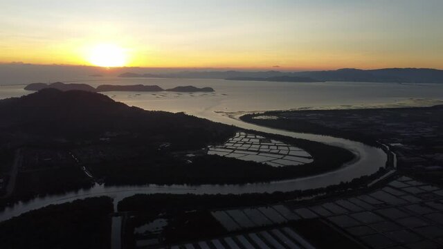 Aerial view Sungai Jawi in silhouette during sunset hour