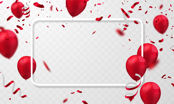 Balloons Red Celebration Frame Background. Red Confetti Glitters For Event And Holiday Poster. Singles Super Sale