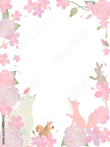 桜の花と春の北欧風花柄と動物のかわいいフレームイラスト素材 Animal Wall Mural Anim Melchi