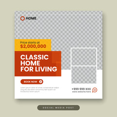 Classic home for living social media post template. Real estate square banner