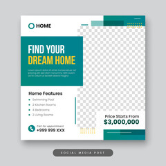 Find your dream home social media post template. Real estate square banner