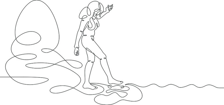 A girl touches the water with her foot against the background of the sea shore and coastal rocks. Tries the water with her foot. One continuous drawing line  logo single hand drawn art doodle isolated
