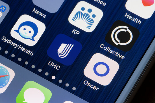 Portland, OR, USA - Mar 1, 2021: Assorted health insurance apps are seen on an iPhone - Oscar Health, UnitedHealthcare, Sydney Health, Collective Health, and Kaiser Permanente.