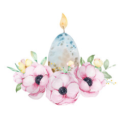 Watercolor composition Happy Easter egg candle with a bouquet