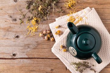 Homemade Herbal Soothing Immune Booster Tea, Chamomile & Calendula in Green Ceramic Teapot