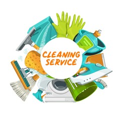 House cleaning, housekeeping and household chores vector design, cartoon cleaning service equipment and tools. Sponge, mop, broom and brush, laundry powder, bucket, gloves, washing machine and iron