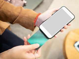 Obraz premium Company office businesswoman manager supervisor wear blue mask work shopping online pay electronic credit card market sale technology smartphone tablet notebook computer social network from home.