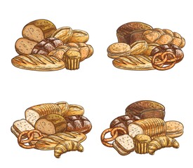 Fresh bread and pastry vector sketch icons. Bakery shop buns, wheat and rye bread loaves, pretzel, croissant and sweet cupcake. Baked production engraved labels or emblems for bake store products