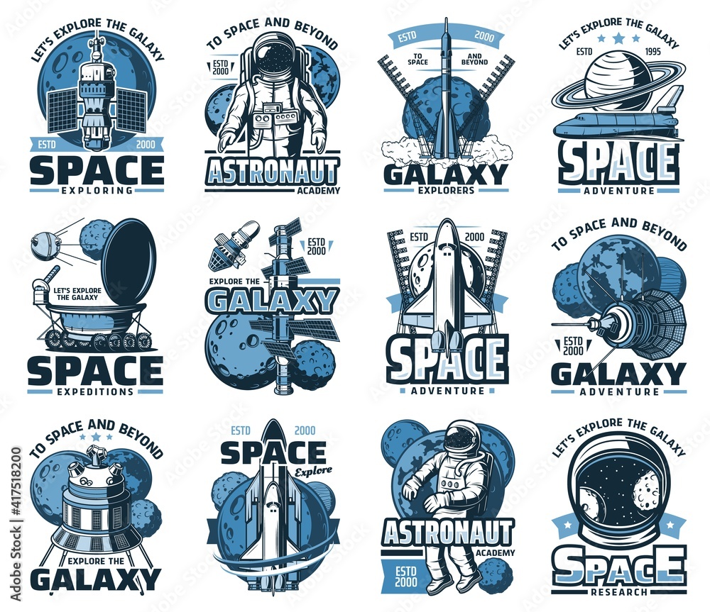 Poster space planet, astronaut and rocket isolated vector icons of galaxy and universe travel. spaceship, s