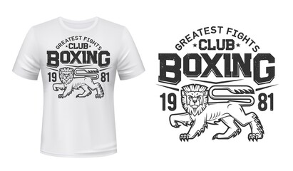Lion t-shirt print mockup, boxing fight club team vector emblem. Angry lion or wild animal in rage mascot for boxing or kickboxing fighting club tournament or t shirt print