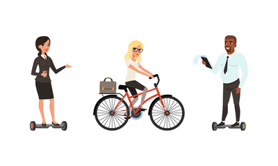 Business People Using Personal Eco Friendly Transport Set, People Riding Modern City Electric Scooter and Bicycle Cartoon Vector Illustration © topvectors
