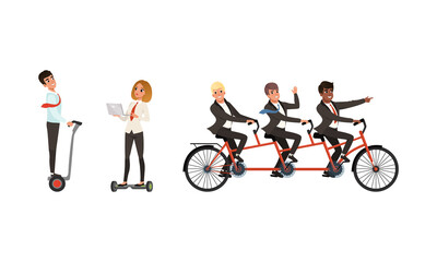 Business People Using Eco Friendly Transport Set, People Riding Modern City Electric Scooter and Bike Cartoon Vector Illustration