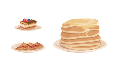 Tasty Desserts Set, Pancakes with Maple Syrup and Cake Cartoon Vector Illustration