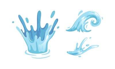 Fototapeta na wymiar Blue Water Splashes Set, Drops and Crown from Falling, Water Waves Cartoon Vector Illustration