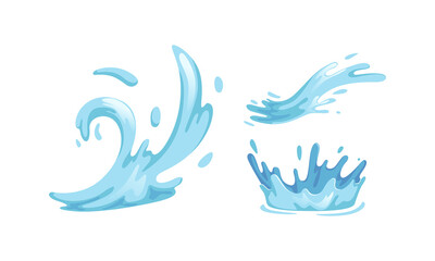 Fototapeta na wymiar Water Splashes Set, Drops and Crown from Falling, Water Waves Cartoon Vector Illustration