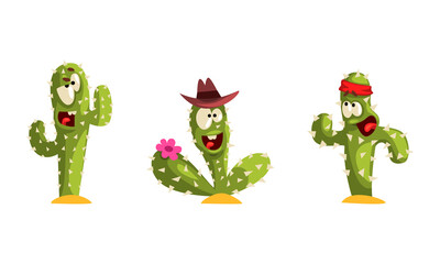 Green Spiny Cactus with Various Face Expressions Set, Funny Emojis Plant Characters Cartoon Vector Illustration