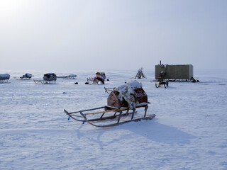Fototapeta na wymiar Ethnography. The modern house of the shepherds. Sleigh rides, reindeer in the Arctic Circle. Art noise