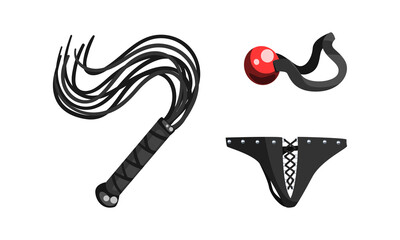 Black Leather Whip, Underpant, Ball Gag, Fetish Stuff for Role Playing Cartoon Vector Illustration