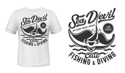 Ray t-shirt print mockup, fishing and diving club, vector icon. Stingray sea devil or manta ray fish on waves, sea and ocean scuba diving or fisher sport club symbol for t shirt print - obrazy, fototapety, plakaty
