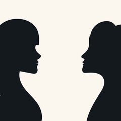 Composition, two girls, female face profile, style  minimalism, black and white, hand drawn. Packaging, wallpaper, poster, room interior decor, design for textiles, postcard, concept, clipart, vector