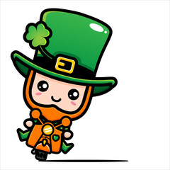 vector design of cute cartoon boy wearing st patrick costume riding a scooter motorbike on patrick's day