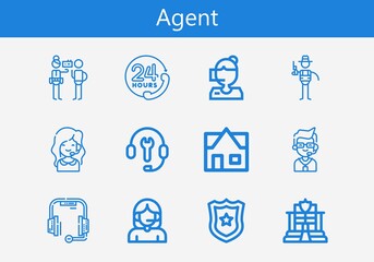 Premium set of agent line icons. Simple agent icon pack. Stroke vector illustration on a white background. Modern outline style icons collection of Police badge, Call center