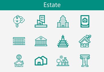 Premium set of estate line icons. Simple estate icon pack. Stroke vector illustration on a white background. Modern outline style icons collection of Building, Hotel key, Architecture