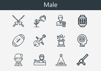 Premium set of male line icons. Simple male icon pack. Stroke vector illustration on a white background. Modern outline style icons collection of Spears, Garden, Cello