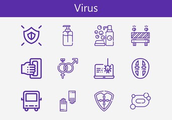 Premium set of virus line icons. Simple virus icon pack. Stroke vector illustration on a white background. Modern outline style icons collection of Bus, Shield, Gloves