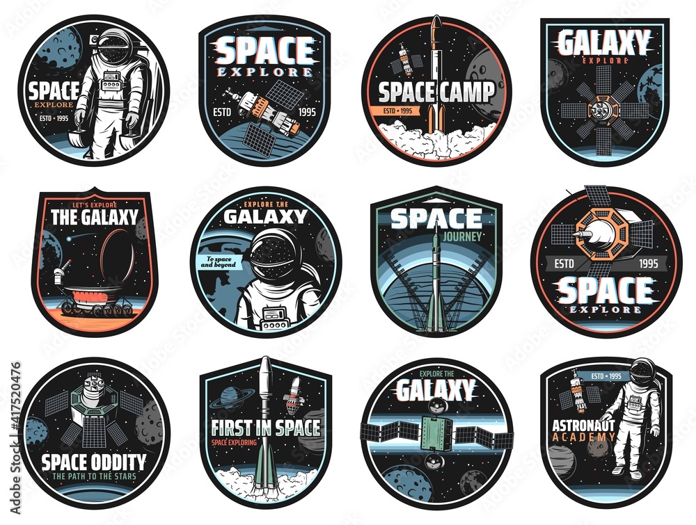 Poster galaxy, space, astronaut and rocket vector icons with glitch effect. cosmos explore shuttles expedit