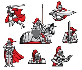 Medieval knights warrior mascots, heraldry characters vector. Knight in armor, red cape and helmet with ponytail, swinging with two side sword, riding armored war horse with shield and lance spear