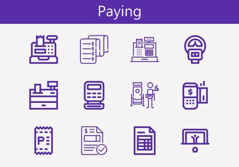 Premium set of paying line icons. Simple paying icon pack. Stroke vector illustration on a white background. Modern outline style icons collection of Invoice, Cash register, Payment terminal