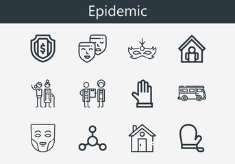 Fototapeta na wymiar Premium set of epidemic line icons. Simple epidemic icon pack. Stroke vector illustration on a white background. Modern outline style icons collection of Bus, Shield, Gloves