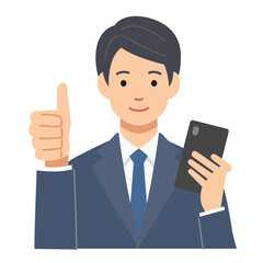 スマホを持ってグッドポーズをするスーツを着た若い男性