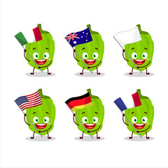 Green habanero cartoon character bring the flags of various countries