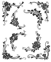 Floral corners, frame and vignette borders vector design with black rose flowers, leaves and flourish vine swirls. Vintage calligraphic elements for page decoration, wedding invitation, greeting card © Vector Tradition